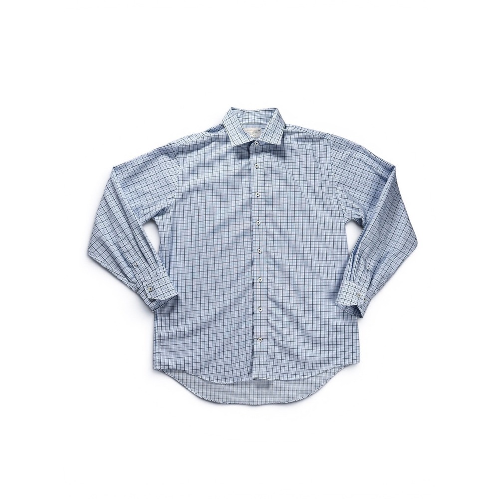 Lorenzo Uomo Mens Trim Fit Dress Shirt Blue White Plaid Cotton Size Large